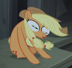 Size: 408x388 | Tagged: safe, screencap, character:applejack, species:earth pony, species:pony, episode:castle mane-ia, g4, my little pony: friendship is magic, applejack's hat, clothing, cowboy hat, cropped, excuse me what the fuck, faec, female, freeze frame, great moments in animation, hat, hypnotoad, mare, not salmon, reaction image, silly, silly pony, smear frame, solo, wat, who's a silly pony
