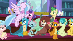 Size: 1920x1080 | Tagged: safe, screencap, character:auburn vision, character:berry blend, character:berry bliss, character:citrine spark, character:cozy glow, character:fire quacker, character:gallus, character:huckleberry, character:ocellus, character:sandbar, character:silverstream, character:smolder, character:twilight sparkle, character:yona, species:changeling, species:classical hippogriff, species:dragon, species:earth pony, species:griffon, species:hippogriff, species:pegasus, species:pony, species:reformed changeling, species:yak, episode:a matter of principals, g4, my little pony: friendship is magic, animated, asking, bow, cloven hooves, crossed arms, cute, diastreamies, dragoness, excited, female, filly, flying, friendship student, hair bow, happy, irrational exuberance, jewelry, male, monkey swings, necklace, smiling, sound, student six, teenager, webm