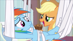 Size: 1280x720 | Tagged: safe, screencap, character:applejack, character:rainbow dash, character:twilight sparkle, species:alicorn, species:earth pony, species:pegasus, species:pony, episode:rainbow falls, g4, my little pony: friendship is magic, animated, apple brown betty (food), applejack's hat, bandage, bandaid, clothing, cowboy hat, crumbs, feeding, food, freckles, hat, hoof in mouth, hoofjack, hospital, moaning, open mouth, out of context, sound, talking with your mouth full, webm
