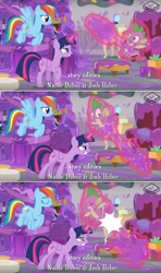 Size: 1316x2222 | Tagged: safe, screencap, character:rainbow dash, character:spike, character:twilight sparkle, character:twilight sparkle (alicorn), species:alicorn, species:dragon, species:pony, episode:the hearth's warming club, g4, my little pony: friendship is magic, goo, hearth's warming tree, levitation, magic, screenshots, sticky, telekinesis, winged spike
