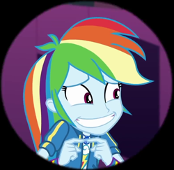 Size: 784x761 | Tagged: safe, screencap, character:rainbow dash, episode:constructive criticism, g4, my little pony:equestria girls, clothing, constructive criticism: rainbow dash, cropped, cute, dashabetes, faec, geode of super speed, grin, jacket, magical geodes, nervous, nervous grin, rainbow dash is best facemaker, shirt, simple background, smiling, sweatshirt, t-shirt, wristband