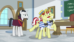 Size: 1920x1080 | Tagged: safe, screencap, character:chancellor neighsay, character:flam, character:flim, species:pony, species:unicorn, episode:friendship university, g4, my little pony: friendship is magic, brothers, cute, flamabetes, flim flam brothers, flimabetes, lifted leg, male, raised hoof, siblings, side hug, smiling, stallion, twins