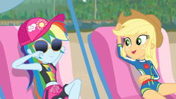 Size: 1920x1080 | Tagged: safe, screencap, character:applejack, character:rainbow dash, episode:lost and found, g4, my little pony:equestria girls, applejack's hat, baseball cap, beach chair, belly button, bikini, cap, clothing, cowboy hat, duo, freckles, geode of super speed, geode of super strength, hat, magical geodes, relaxing, stetson, sunbathing, sunglasses, swimsuit, thighs