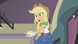 Size: 1280x720 | Tagged: safe, screencap, character:applejack, episode:constructive criticism, g4, my little pony:equestria girls, bandage, broken hand, geode of super strength, solo