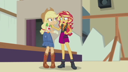 Size: 1280x720 | Tagged: safe, screencap, character:applejack, character:sunset shimmer, episode:constructive criticism, g4, my little pony:equestria girls, bandage, broken hand, geode of empathy, geode of super strength