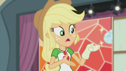 Size: 1280x720 | Tagged: safe, screencap, character:applejack, episode:constructive criticism, g4, my little pony:equestria girls, bandage, broken hand, geode of super strength, solo