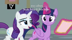 Size: 1920x1080 | Tagged: safe, screencap, character:rarity, character:twilight sparkle, character:twilight sparkle (alicorn), species:alicorn, species:pony, species:unicorn, episode:friendship university, g4, my little pony: friendship is magic, :s, female, magic, mare, paper, wavy mouth