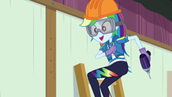 Size: 1280x720 | Tagged: safe, screencap, character:rainbow dash, episode:constructive criticism, g4, my little pony:equestria girls, constructive criticism: rainbow dash, drill, geode of super speed, hard hat, hat, magical geodes, safety goggles, solo