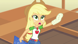 Size: 1280x720 | Tagged: safe, screencap, character:applejack, episode:constructive criticism, g4, my little pony:equestria girls, bandage, broken hand, constructive criticism: rainbow dash, geode of super strength, solo