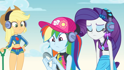 Size: 1920x1080 | Tagged: safe, screencap, character:applejack, character:rainbow dash, character:rarity, episode:lost and found, g4, my little pony:equestria girls, applejack's hat, baseball cap, belly button, cap, clothing, cowboy hat, ear piercing, earring, geode of shielding, geode of super speed, geode of super strength, hat, headphones, horseshoes, irony, jewelry, lidded eyes, magical geodes, metal detector, midriff, piercing, sarong, stetson, sun hat, swimsuit, thighs, trio