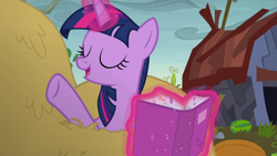 Size: 1280x720 | Tagged: safe, screencap, character:twilight sparkle, character:twilight sparkle (alicorn), species:alicorn, species:pony, episode:the hooffields and mccolts, g4, my little pony: friendship is magic, book, hay, magic, solo