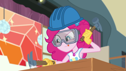 Size: 1280x720 | Tagged: safe, screencap, character:pinkie pie, episode:constructive criticism, g4, my little pony:equestria girls, constructive criticism: pinkie pie, geode of sugar bombs, hammer, hard hat, hat, safety goggles, solo