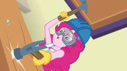 Size: 1280x720 | Tagged: safe, screencap, character:pinkie pie, episode:constructive criticism, g4, my little pony:equestria girls, constructive criticism: pinkie pie, geode of sugar bombs, hammer, hard hat, hat, safety goggles