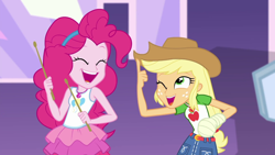 Size: 1280x720 | Tagged: safe, screencap, character:applejack, character:pinkie pie, episode:constructive criticism, g4, my little pony:equestria girls, bandage, broken hand, constructive criticism: pinkie pie, drumsticks, duo, female, geode of sugar bombs, geode of super strength