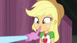 Size: 1280x720 | Tagged: safe, screencap, character:applejack, character:photo finish, episode:constructive criticism, g4, my little pony:equestria girls, constructive criticism: photo finish, cute, geode of super strength, jackabetes