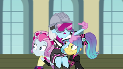 Size: 1280x720 | Tagged: safe, screencap, character:photo finish, episode:constructive criticism, g4, my little pony:equestria girls, constructive criticism: photo finish, director's vision, female, hard hat, hat, pixel pizazz, safety goggles, the snapshots, trio, trio female, violet blurr