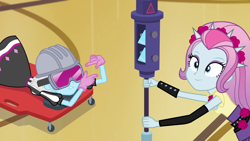 Size: 1280x720 | Tagged: safe, screencap, character:photo finish, episode:constructive criticism, g4, my little pony:equestria girls, constructive criticism: photo finish, duo, duo female, female, hard hat, hat, projector, safety goggles, violet blurr