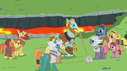 Size: 1280x720 | Tagged: safe, screencap, character:rockhoof, character:sun cross, species:earth pony, species:pony, episode:campfire tales, g4, my little pony: friendship is magic, beard, clothing, facial hair, female, helmet, jorunn, lava, male, mare, mighty helm, moustache, rockhoof's shovel, shovel, sigrid, stallion, trench, unnamed character, unnamed pony