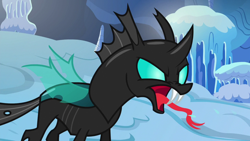 Size: 1280x720 | Tagged: safe, screencap, character:thorax, species:changeling, episode:the times they are a changeling, g4, my little pony: friendship is magic, hissing, male, open mouth, snow, solo, tongue out