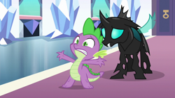 Size: 1280x720 | Tagged: safe, screencap, character:spike, character:thorax, species:changeling, species:dragon, episode:the times they are a changeling, g4, my little pony: friendship is magic, duo, male, spread arms