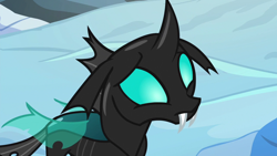 Size: 1280x720 | Tagged: safe, screencap, character:thorax, species:changeling, episode:the times they are a changeling, g4, my little pony: friendship is magic, confused, fangs, male, snow