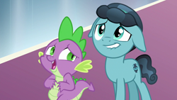 Size: 1280x720 | Tagged: safe, screencap, character:spike, character:thorax, species:changeling, species:crystal pony, species:dragon, species:pony, episode:the times they are a changeling, g4, my little pony: friendship is magic, colt, crystal hoof, disguise, disguised changeling, duo, floppy ears, lip bite, male, nervous