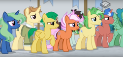 Size: 1362x634 | Tagged: safe, screencap, character:alpha beta, character:fiery fricket, character:flowerescent, character:sprout greenhoof, character:wintergreen, species:earth pony, species:pegasus, species:pony, species:unicorn, episode:friendship university, g4, my little pony: friendship is magic, background pony, boomerang (tv channel), cropped, crowd, fast break, female, final countdown, las pegasus resident, male, mare, saturn (character), stallion, youtube link