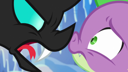 Size: 1280x720 | Tagged: safe, screencap, character:spike, character:thorax, species:changeling, species:dragon, episode:the times they are a changeling, g4, my little pony: friendship is magic, angry, baby dragon, betrayed, boop, cute, cute little fangs, duo, fangs, furious, hissing, leave me alone, looking at each other, male, noseboop, open mouth, scared, shrunken pupils, slit eyes, snow, yelling