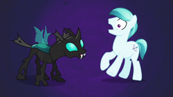 Size: 1280x720 | Tagged: safe, screencap, character:crystal arrow, character:thorax, species:changeling, species:crystal pony, species:earth pony, species:pony, episode:the times they are a changeling, g4, my little pony: friendship is magic, duo, male, purple background, simple background, stallion