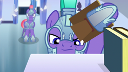 Size: 1280x720 | Tagged: safe, screencap, species:crystal pony, species:pony, episode:the times they are a changeling, g4, my little pony: friendship is magic, armor, book, bookshelf, crystal guard, crystal guard armor, helmet, male, picture frame, royal guard, stallion