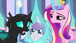 Size: 1280x720 | Tagged: safe, screencap, character:princess cadance, character:princess flurry heart, character:thorax, species:alicorn, species:changeling, species:pony, episode:the times they are a changeling, g4, my little pony: friendship is magic, :t, baby, baby alicorn, baby blanket, baby flurry heart, baby pony, blanket, blush sticker, blushing, cute, female, floppy ears, foal, joyful, levitation, lidded eyes, magic, male, mare, open mouth, safety pin, smiling, swaddling, telekinesis, wrapped snugly