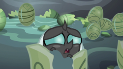 Size: 1280x720 | Tagged: safe, screencap, character:thorax, species:changeling, episode:the times they are a changeling, g4, my little pony: friendship is magic, baby changeling, changeling egg, changeling larva, egg, hatching, solo
