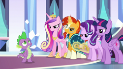 Size: 1280x720 | Tagged: safe, screencap, character:princess cadance, character:spike, character:starlight glimmer, character:sunburst, character:twilight sparkle, character:twilight sparkle (alicorn), species:alicorn, species:dragon, species:pony, species:unicorn, episode:the times they are a changeling, g4, my little pony: friendship is magic, baby carriage, female, glowing horn, magic, male, mare, stallion, telekinesis