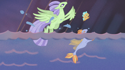 Size: 1280x720 | Tagged: safe, screencap, character:laguna, character:sunspray, species:classical hippogriff, species:hippogriff, species:seapony (g4), episode:the hearth's warming club, g4, my little pony: friendship is magic, background hippogriff, background sea pony, fledgeling, leaping, three days of freedom, unnamed hippogriff, unnamed seapony, water