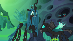 Size: 1280x720 | Tagged: safe, screencap, character:queen chrysalis, character:thorax, species:changeling, episode:to where and back again, g4, my little pony: friendship is magic, changeling hive, changeling kingdom, changeling queen, confrontation, female, male, raised hoof