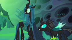 Size: 1280x720 | Tagged: safe, screencap, character:queen chrysalis, character:thorax, species:changeling, episode:to where and back again, g4, my little pony: friendship is magic, changeling hive, changeling kingdom, changeling queen, female, head turn, male