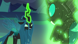 Size: 1280x720 | Tagged: safe, screencap, character:queen chrysalis, character:thorax, species:changeling, episode:to where and back again, g4, my little pony: friendship is magic, changeling kingdom, changeling queen, duo, female, glowing horn, magic, male, telekinesis