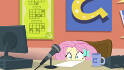 Size: 1280x720 | Tagged: safe, screencap, character:fluttershy, episode:fluttershy's butterflies, g4, my little pony:equestria girls, announcer, computer, cyoa, embarrassed, female, fluttershy's butterflies: rainbow dash, football, microphone, microphone stand, mug, solo, sports