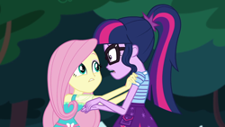 Size: 1280x720 | Tagged: safe, screencap, character:fluttershy, character:twilight sparkle, character:twilight sparkle (scitwi), species:eqg human, episode:stressed in show, g4, my little pony:equestria girls, female, glasses, ponytail, stressed in show: fluttershy