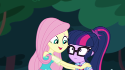 Size: 1280x720 | Tagged: safe, screencap, character:fluttershy, character:twilight sparkle, character:twilight sparkle (scitwi), species:eqg human, episode:stressed in show, g4, my little pony:equestria girls, female, glasses, ponytail, stressed in show: fluttershy