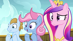 Size: 1280x720 | Tagged: safe, screencap, character:opulence, character:princess cadance, species:pony, episode:once upon a zeppelin, g4, my little pony: friendship is magic, background pony, clapping, confused, female, las pegasus resident, male, mare, raised eyebrow, stallion, sun cloche, wall