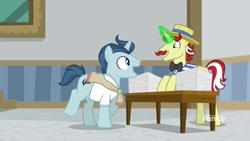 Size: 1920x1080 | Tagged: safe, screencap, character:flam, character:polo play, species:pony, species:unicorn, episode:friendship university, g4, my little pony: friendship is magic, clothing, las pegasus resident, magic, male, paper, stallion