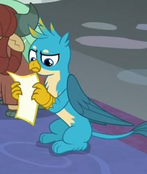 Size: 441x522 | Tagged: safe, screencap, character:gallus, character:yona, species:griffon, episode:friendship university, g4, my little pony: friendship is magic, beak, cropped, male, offscreen character, paws, reaction image, reading, tail, what the fuck am i reading, wings