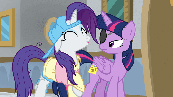 Size: 710x400 | Tagged: safe, screencap, character:rarity, character:twilight sparkle, character:twilight sparkle (alicorn), species:alicorn, species:pony, species:unicorn, episode:friendship university, g4, my little pony: friendship is magic, animated, backwards ballcap, baseball cap, cap, clothing, covered cutie mark, cute, eyepatch, eyepatch (disguise), hat, paper-thin disguise, plainity, prancing, rarara, raribetes, trotting, trotting in place