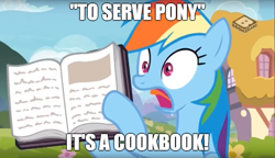 Size: 869x500 | Tagged: safe, screencap, character:rainbow dash, species:pegasus, species:pony, episode:the end in friend, g4, my little pony: friendship is magic, book, damon knight, image macro, meme, the twilight zone, to serve man