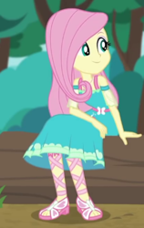 Size: 277x438 | Tagged: safe, screencap, character:fluttershy, episode:text support, g4, my little pony:equestria girls, cropped, feet, female, geode of fauna, sandals, smiling, solo, text support: fluttershy