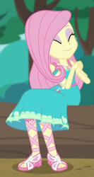 Size: 233x438 | Tagged: safe, screencap, character:fluttershy, episode:text support, g4, my little pony:equestria girls, cropped, eyes closed, feet, female, geode of fauna, sandals, smiling, solo, text support: fluttershy