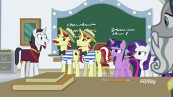 Size: 1920x1080 | Tagged: safe, screencap, character:chancellor neighsay, character:flam, character:flim, character:rarity, character:star swirl the bearded, character:twilight sparkle, character:twilight sparkle (alicorn), species:alicorn, species:pony, episode:friendship university, g4, my little pony: friendship is magic, flim flam brothers, neighsaybetes, smiling, when he smiles