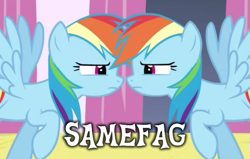 Size: 569x363 | Tagged: safe, screencap, character:rainbow dash, species:pegasus, species:pony, clone, eye contact, female, image macro, looking at each other, mare, samefag
