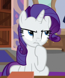 Size: 389x468 | Tagged: safe, screencap, character:rarity, species:pony, species:unicorn, episode:friendship university, g4, my little pony: friendship is magic, cropped, female, mare, raised hoof, sitting, solo, thinking